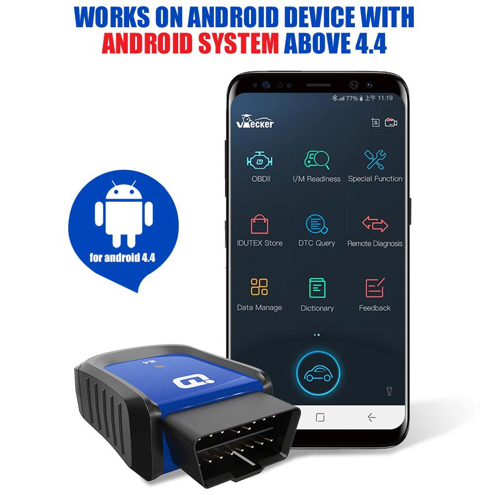 El teléfono móvil vpecker E4 Bluetooth tiene una herramienta de escaneo OBDII de todo el sistema para Android que admite sangrado ABS / batería / DPF / EPB / inyectores de combustible / reinicio de aceite / tpms