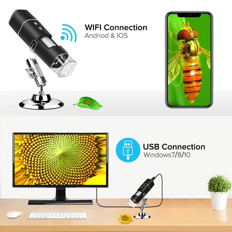 무선 디지털 현미경 1080P HD 2MP 8 LED USB 현미경 50X ~ 1000X WiFi 줌 확대 핸드헬드 내시경 호환