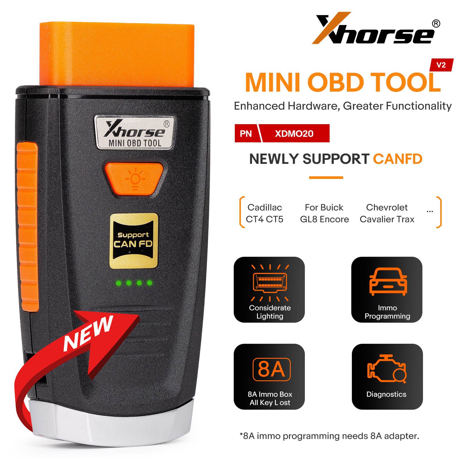 2024 Xhorse Mini OBD Tool V2 XDMO20 Newly Supports CANFD Protocol / LED light / 8A IMMO Box All Key Lost