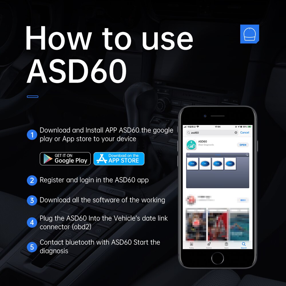 XTOOL ASD60 OBD2 스캐너는 벤츠-폭스바겐-BMW 전자동 OBD II 코드 판독기에서 IOS/Android를 지원하며 15개의 재설정 기능을 제공합니다.