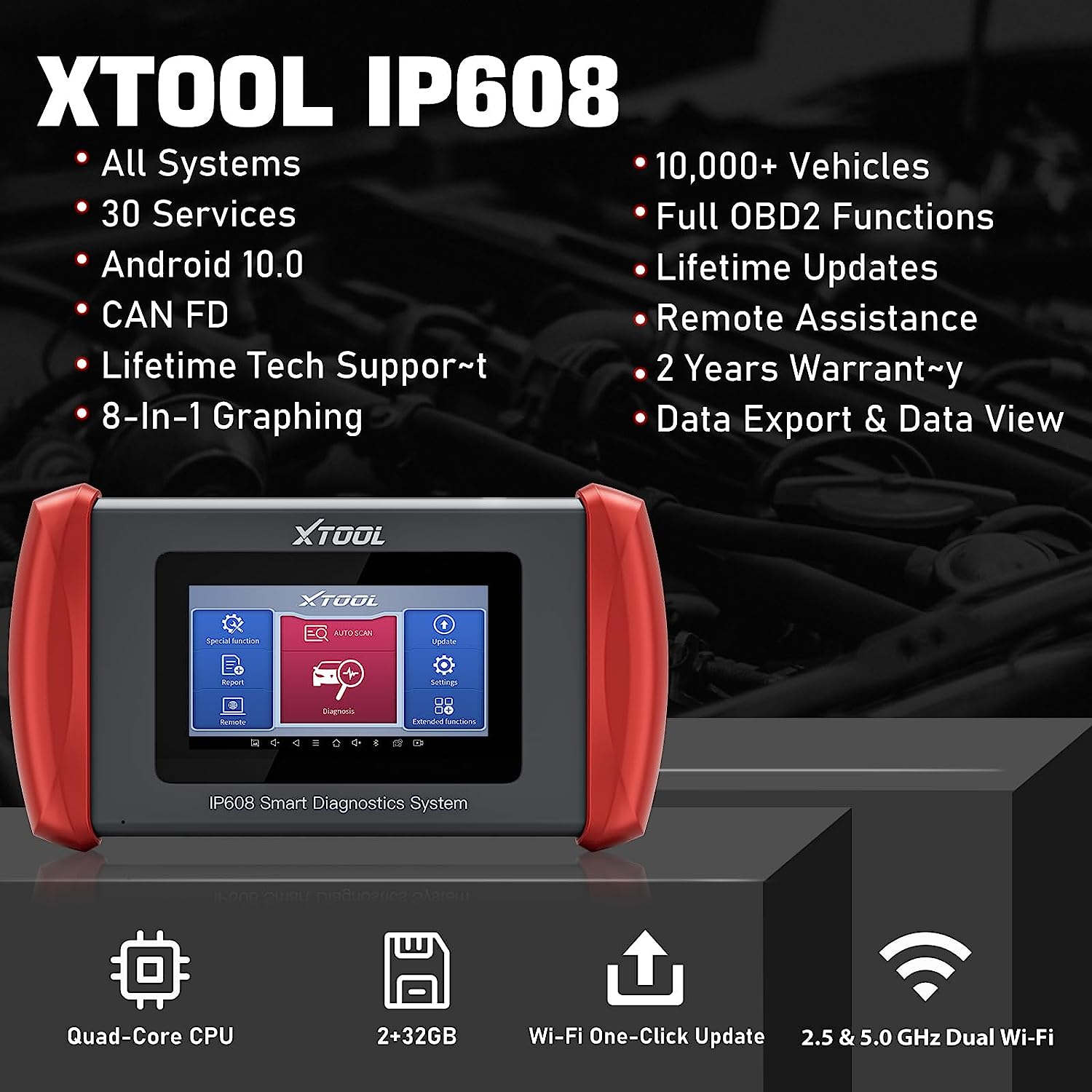 XTOOL InPlus IP608 OBD2 스캐너 진단 도구 Android 10. CAN FD, 30+ 서비스, 모든 시스템 문제 해결 도구, ABS 출혈