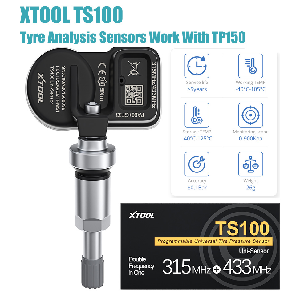 XTOOL TS100 433 MHz 315 MHz Tyre Analysis Sensors Work With TP150/TP200 TPMS Monitoring System Automotive Tire Repair Tools