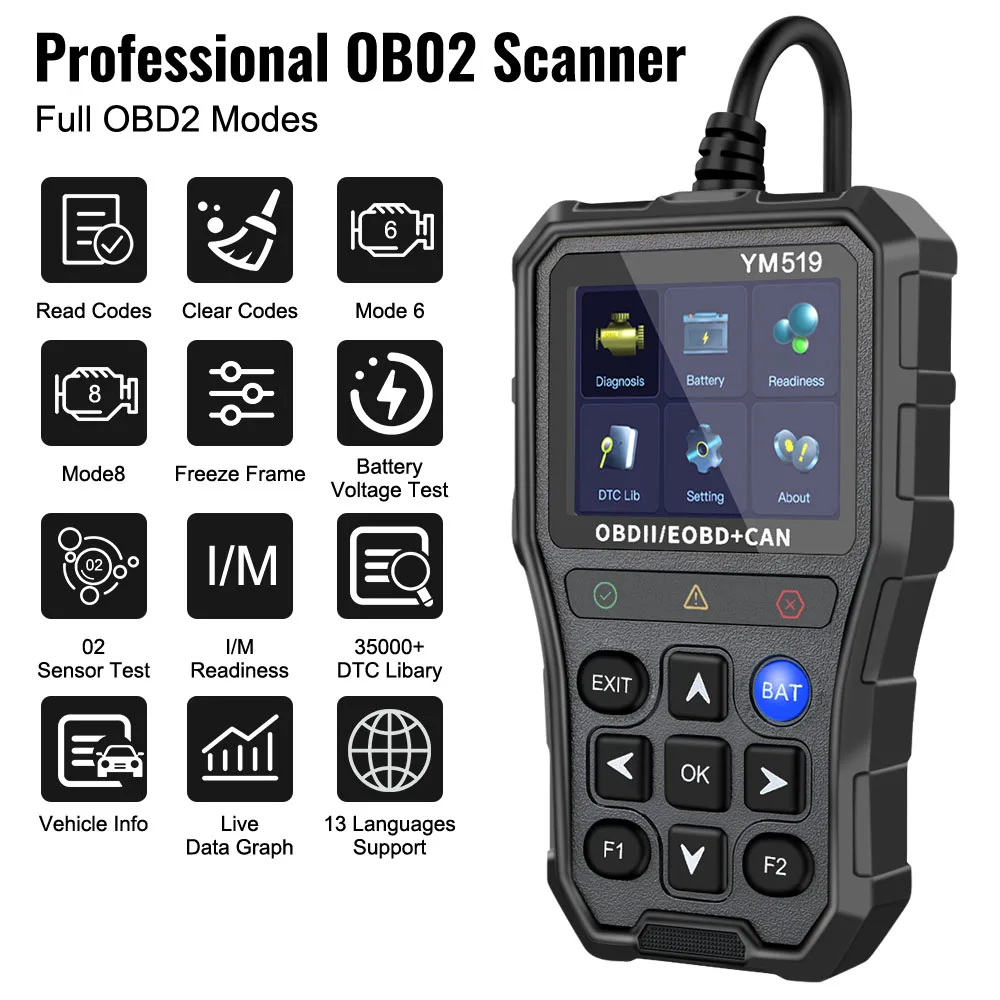 Battery Tester Code Reader Fault Code Scanner OBD2 Code Reader Multi-language YM519 Car Diagnostic Tool Check Engine System