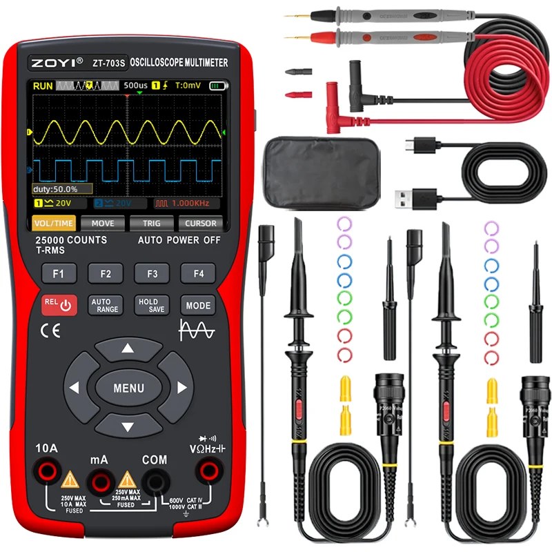 ZT-703S 3-in-1 Oscilloscope Multimeter with 3.5 Inch IPS Display,25000 Counts, Dual Channel 50MHZ Bandwidth,280MSa/s High