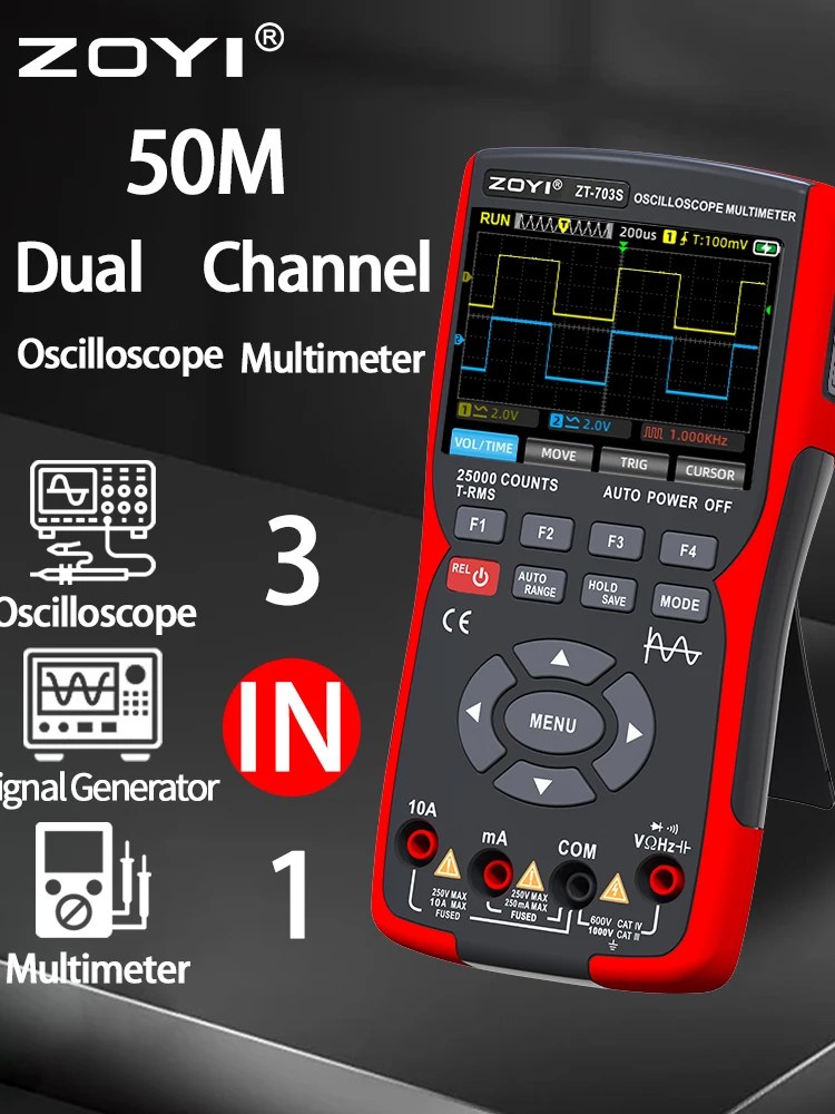 ZT-703S 3-in-1 Oscilloscope Multimeter with 3.5 Inch IPS Display,25000 Counts, Dual Channel 50MHZ Bandwidth,280MSa/s High