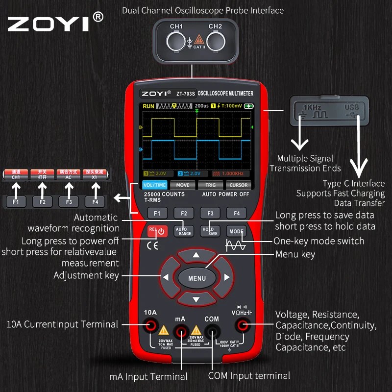 ZT-703S 3-in-1 Oscilloscope Multimeter with 3.5 Inch IPS Display,25000 Counts, Dual Channel 50MHZ Bandwidth,280MSa/s High