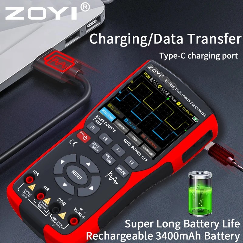ZT-703S 3-in-1 Oscilloscope Multimeter with 3.5 Inch IPS Display,25000 Counts, Dual Channel 50MHZ Bandwidth,280MSa/s High