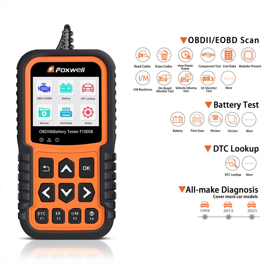 Foxwell F1000B CAN OBDII/EOBD 코드 리더기 및 배터리 테스터 2합일