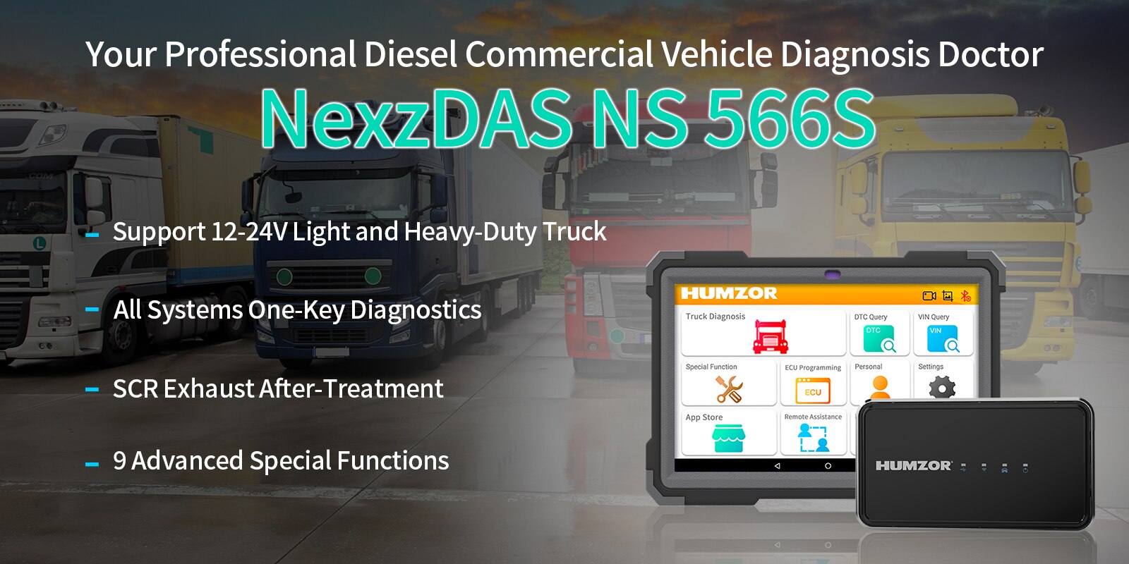 Humzor NS566S Full System Diagnostic Tool for Heavy Duty Truck Diesel OBD2 Professional Scanner 9 Reset ABS/DPF/Mileage Adjustment