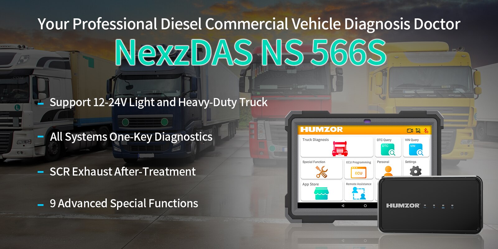 Humzor NS566S 중형 트럭 디젤 엔진 전체 시스템 진단 도구 OBD2 전문 스캐너 9 재설정 ABS/DPF/마일리지 조정