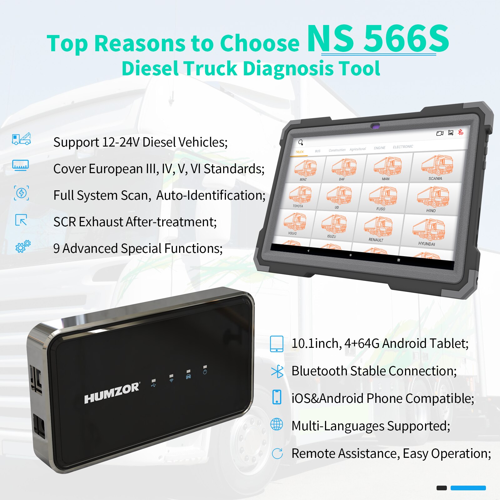 Humzor NS566S Full System Diagnostic Tool for Heavy Duty Truck Diesel OBD2 Professional Scanner 9 Reset ABS/DPF/Mileage Adjustment
