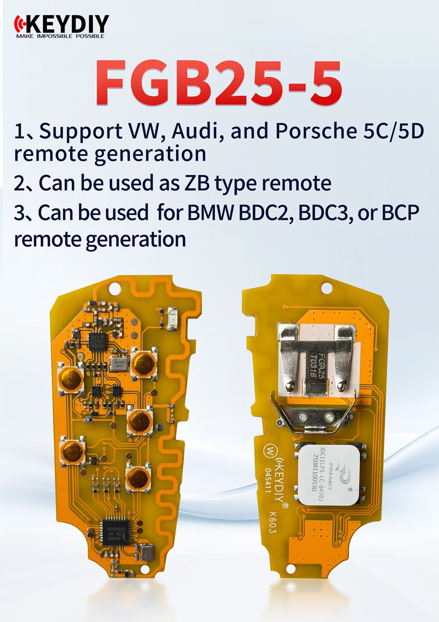 KEYDIY FGB25-5 PCB Board with 3 Button/4 Button Key Shell Support for VW Audi Porsche BMW 5C/5D Remote Generation