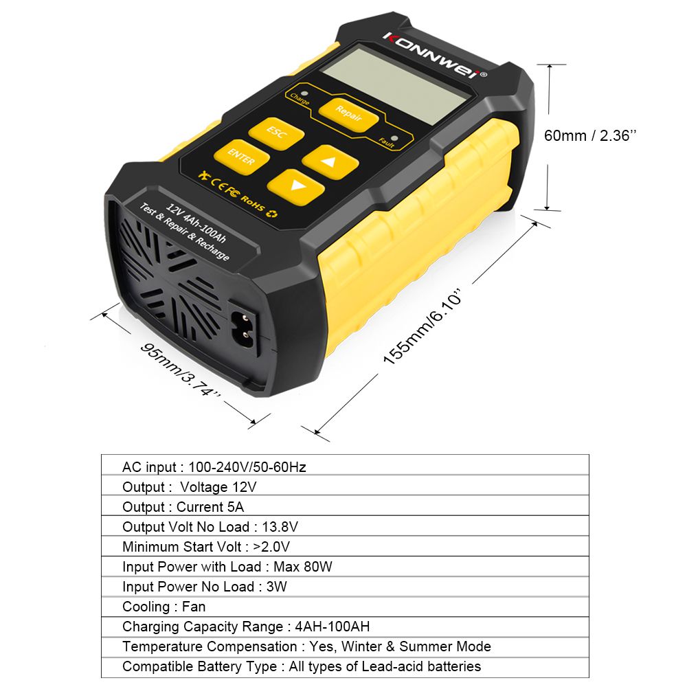 KONNWEI KW510 전자동 12V 자동차 배터리 테스터