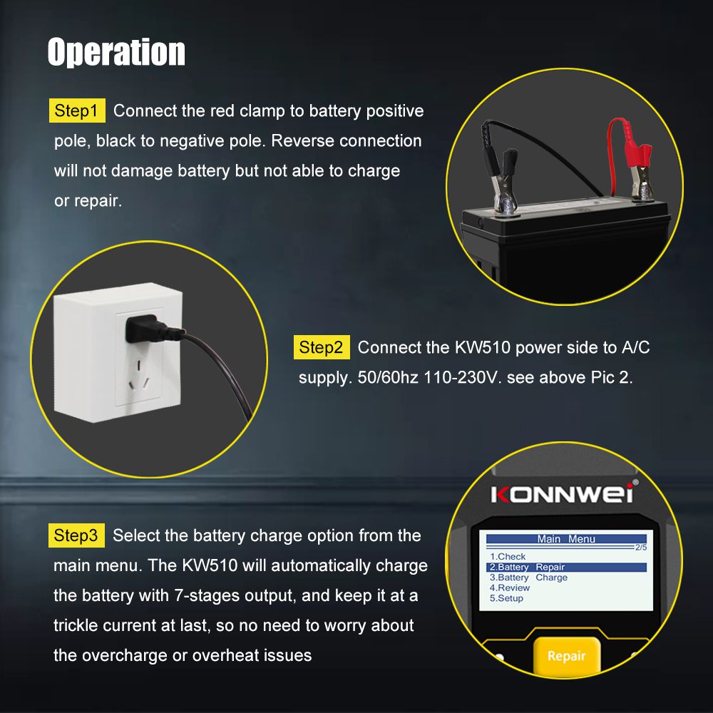 KONNWEI KW510 전자동 12V 자동차 배터리 테스터