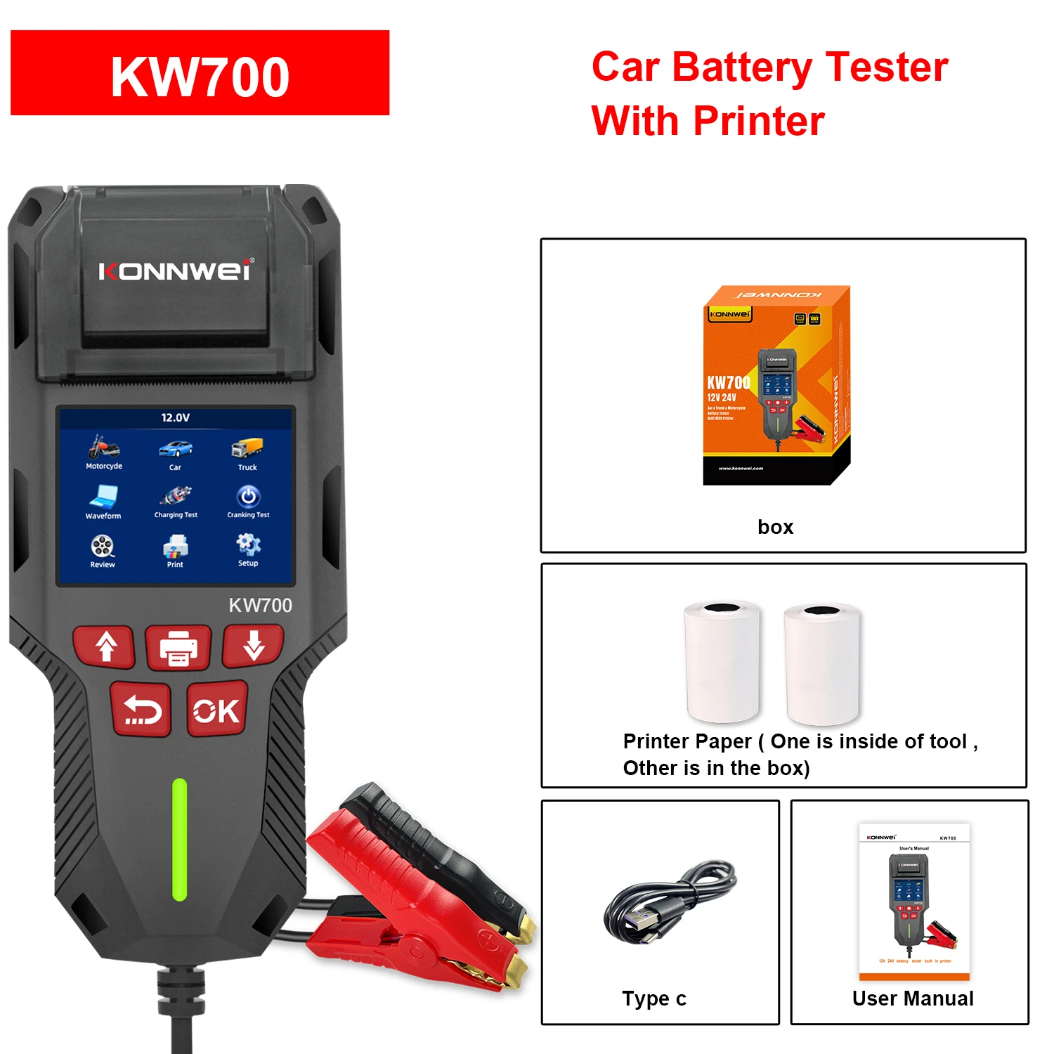 KONNWEI KW700 12V/24V Battery Tester