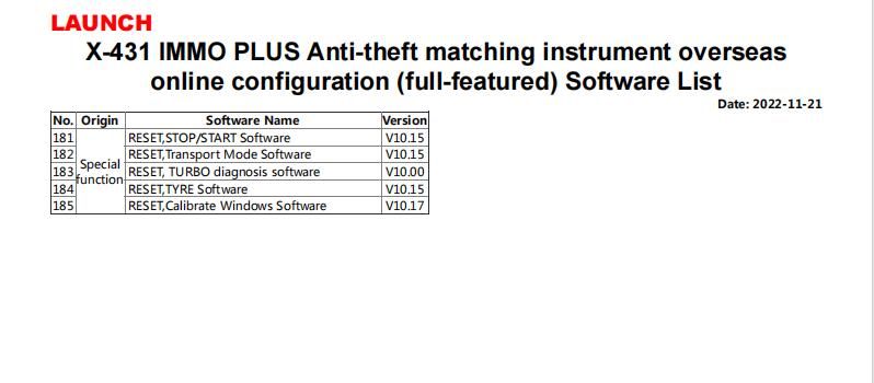 LAUNCH IMMO Software List