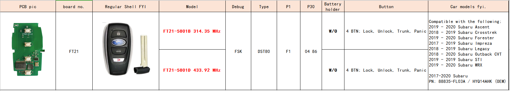 Lonsdor FT21-5801 314.35/433.92MHz 스바루 4D 스마트키 PCB