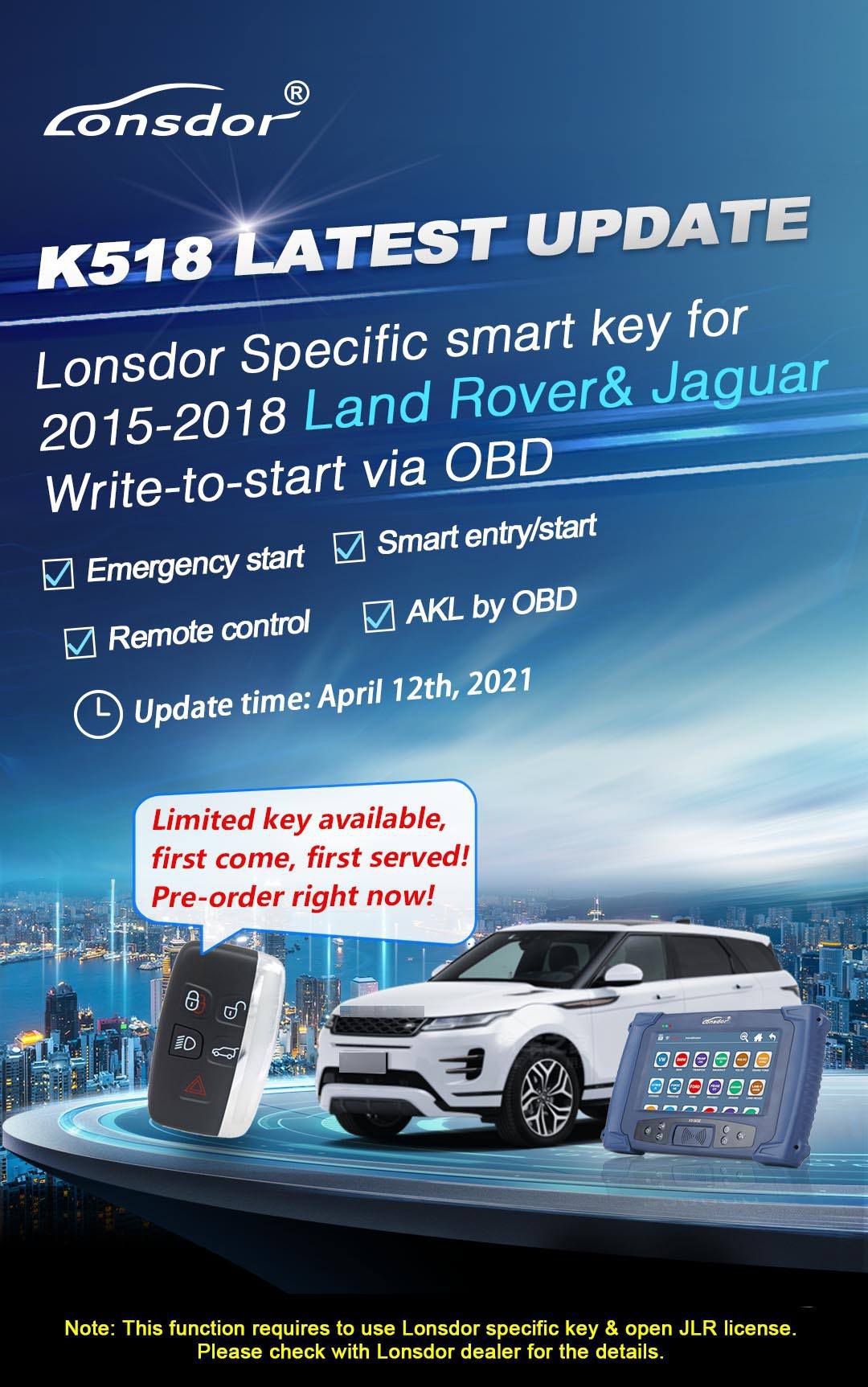 Lonsdor JLR License 2015-2018 Land Rover Jaguar Write-to-start via OBD