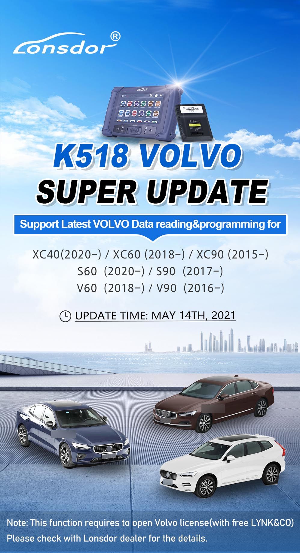 K518ISE 및 K518S용 최신 XC40 XC60 XC90 S60 S90 V60 V90 스마트 키에 대한 Lonsdor Volvo 라이센스