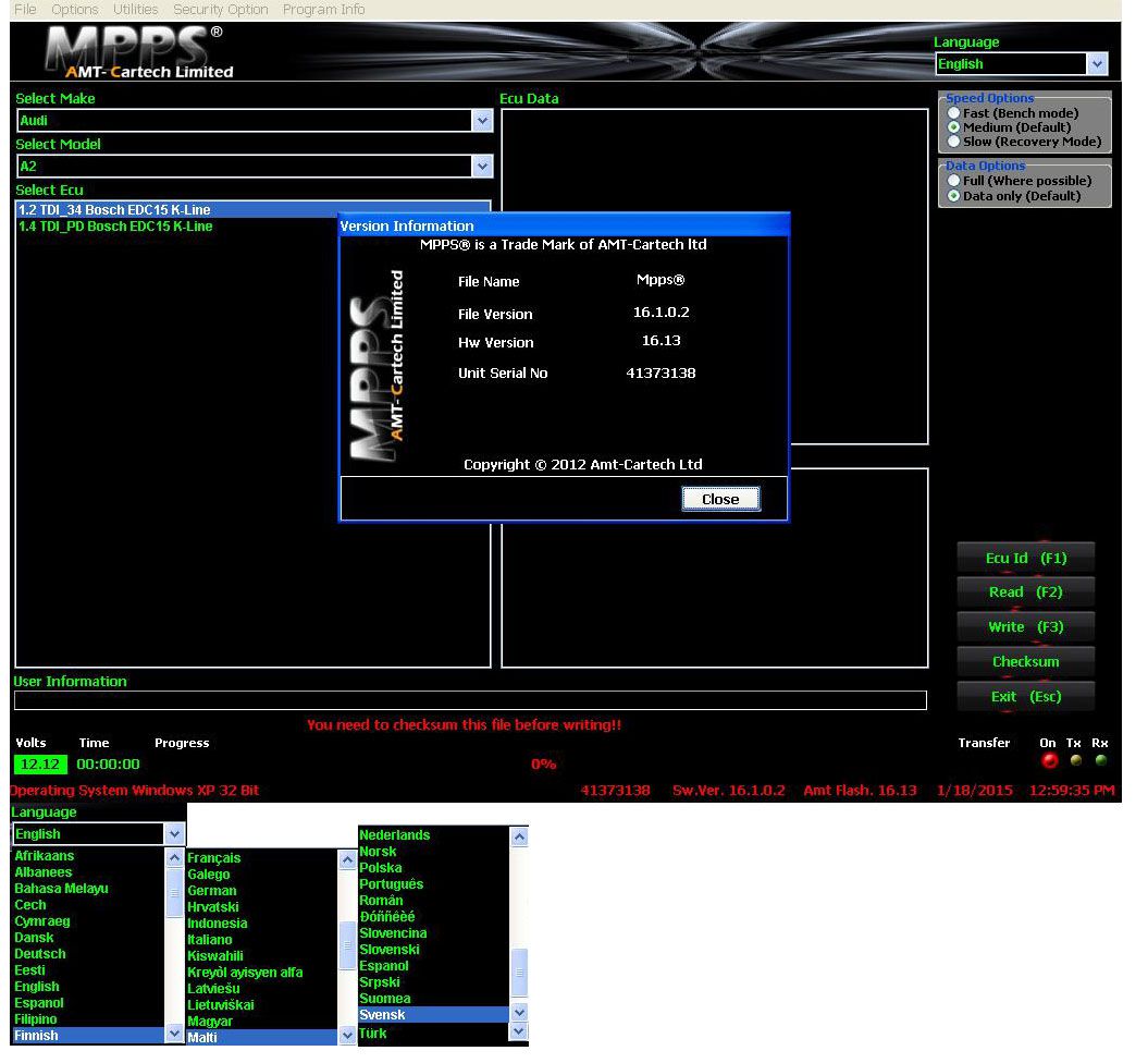 Pantalla de software mpps v16.1.02