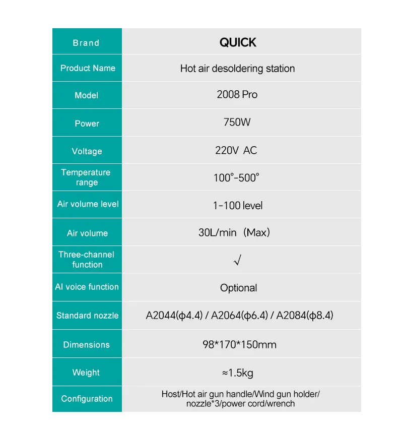 QUICK 2008 Pro Lead-Free Hot Air Rework Station LCD Disp
