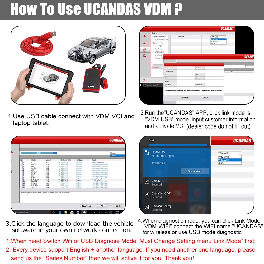 UCANDAS VDM WIFI 전체 시스템 OBD2 스캐너