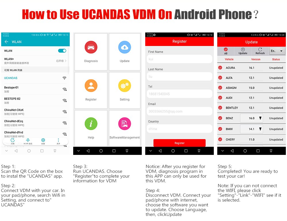 UCANDAS VDM WIFI 전체 시스템 OBD2 스캐너