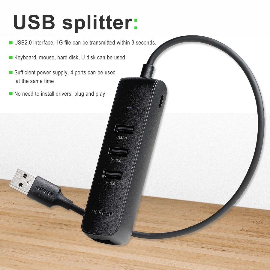 UGREEN USB 2.0 Hub Ethernet Adapter USB Splitter USB to RJ45 Adapter Cable