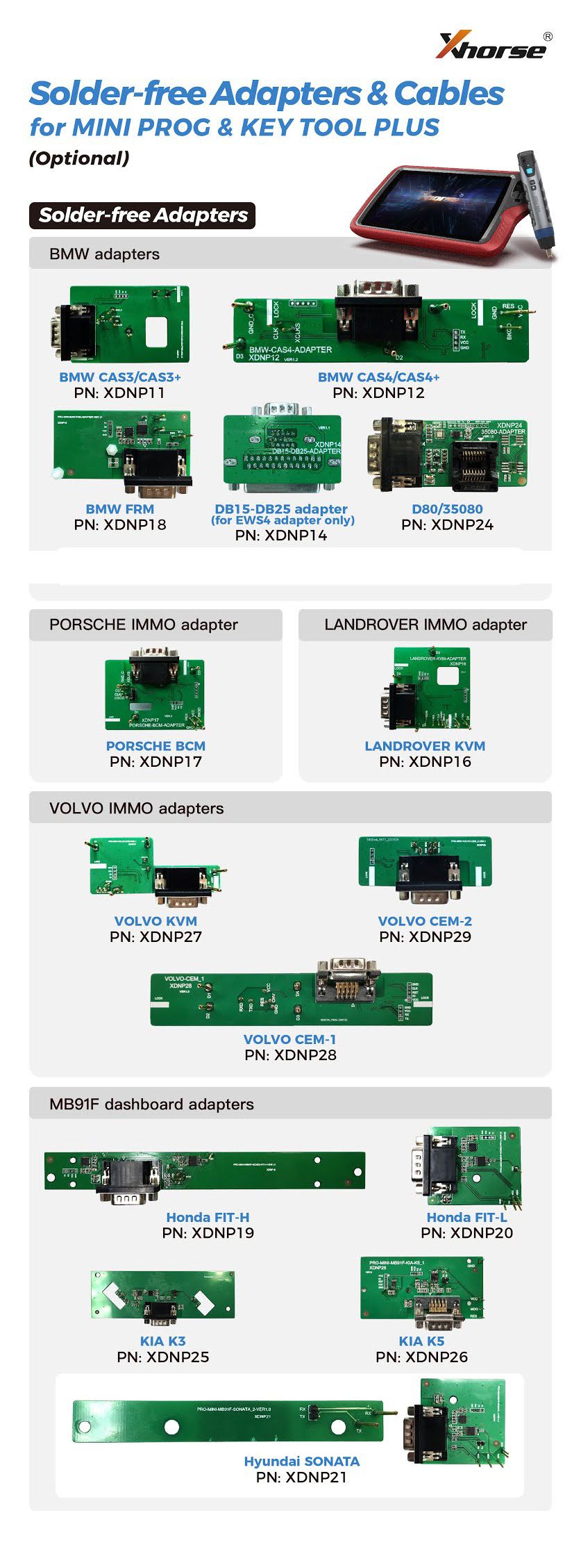 Xhorse sin adaptadores de soldadura y cable completo xdnpp0ch 16 piezas 