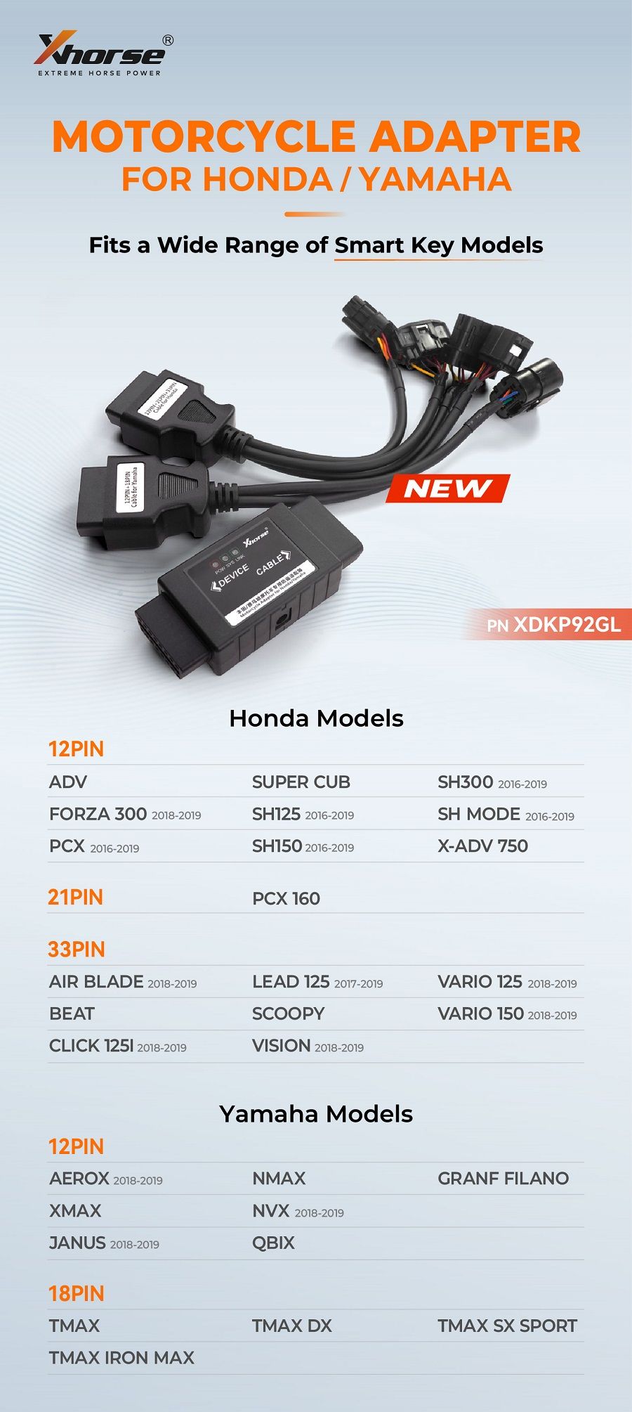 XHORSE XDKP92GL Motorcycle Adapter for HONDA/YAMAHA